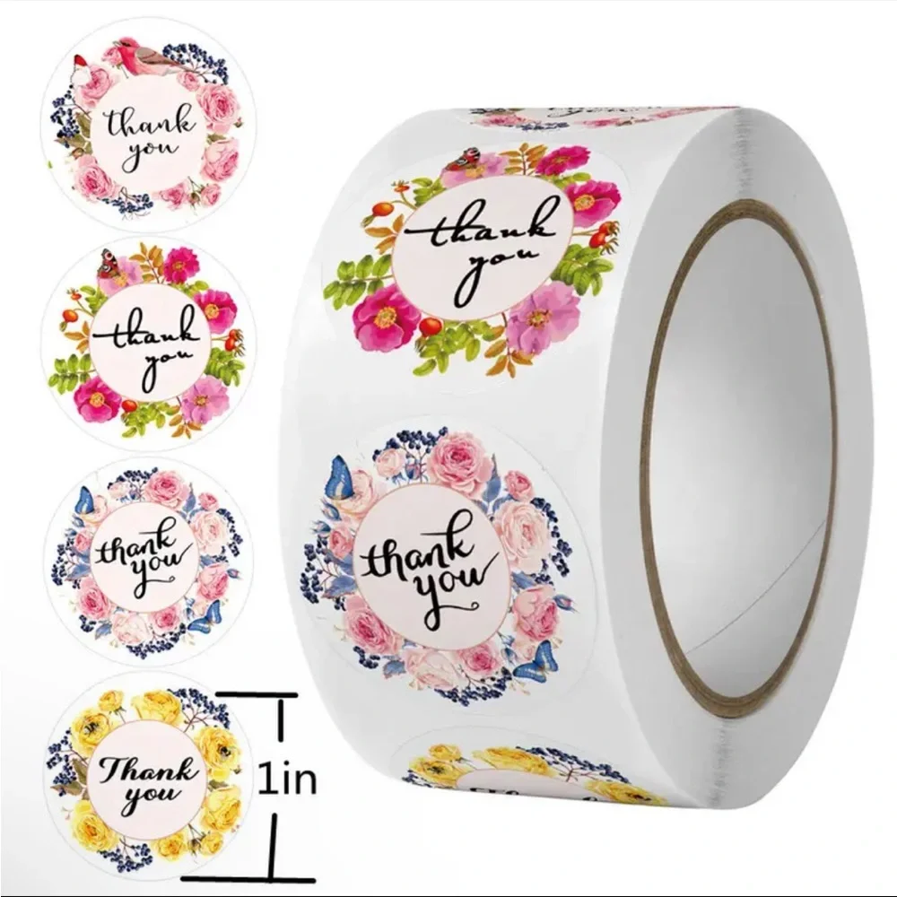 Roll of 500 Floral Wreath Thank You Stickers Garden Flowers Shipping Supplies